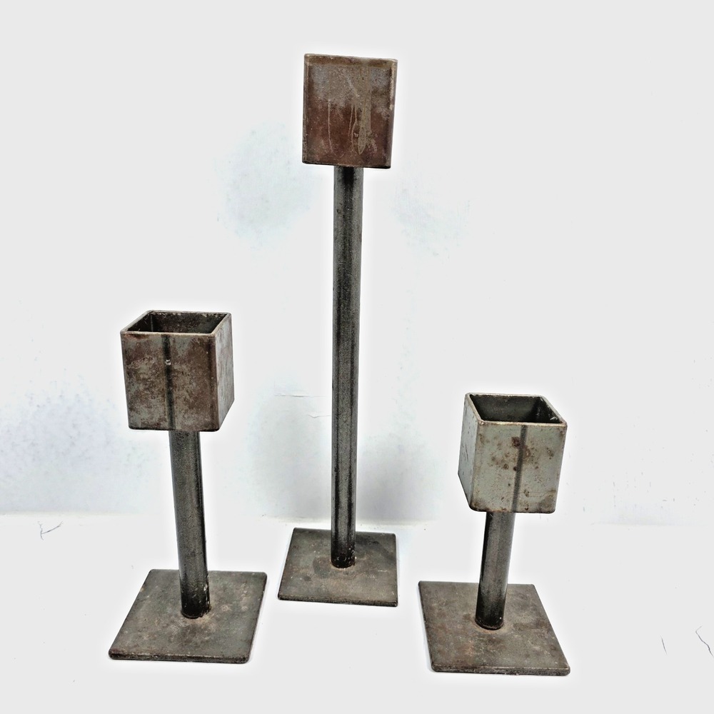 Vtg Candle Holders Set of 3 MCM Brutalist Iron Industrial Minimalist Plant Stand